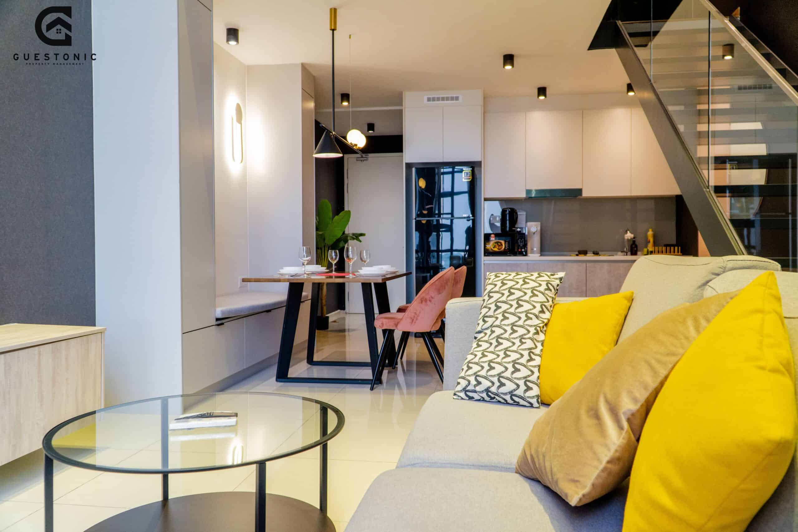 A Guestonic living room, made up between stays